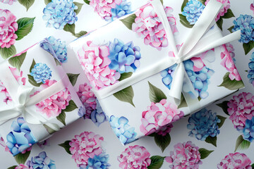 Gifts wrapped in floral paper, adorned with satin ribbons among hydrangea blooms