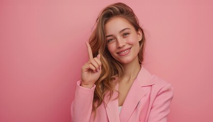 Obraz premium copy space, isolated background, Happy woman pointing to side. showing something
