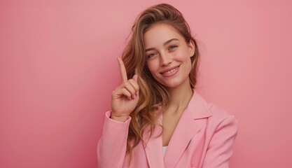 copy space, isolated background, Happy woman pointing to side. showing something