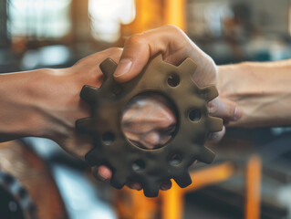 A handshake integrated into a gear, symbolizing collaboration in industry