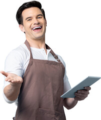 Friendly smiling young handsome Caucasian male barista wearing apron and holding computer tablet...