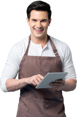 Caucasian male waiter with apron holding tablet in his hand PNG file no background 