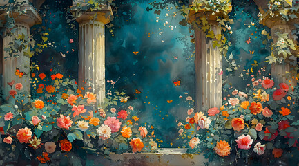 Butterfly Odyssey: Vibrant Watercolor Painting of an Ancient Greek Garden Retreat