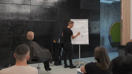 Stylist leading a class on various hair styling techniques in a salon