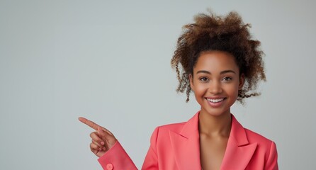 copy space, isolated background, Happy woman pointing to side. showing something