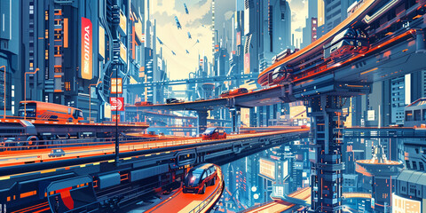 a vector artwork portraying a futuristic cityscape, blending advanced architecture and futuristic transportation systems 16k ultra HD resolution;'