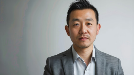Closeup portrait of a chinese business man against a white studio background