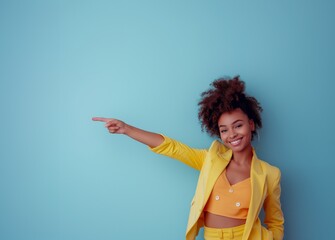 copy space, isolated background, Happy woman pointing to side. showing something
