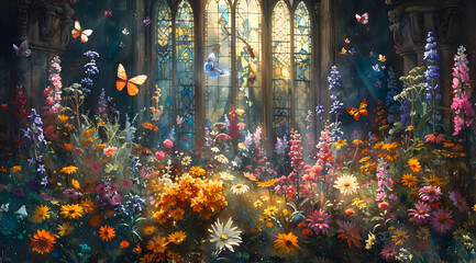 Obraz na płótnie Canvas Gothic Reverie: Enchanting Watercolor Panorama of a Monastery's Herb Garden