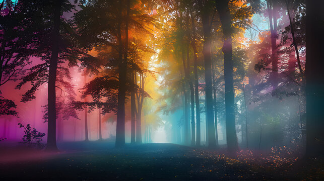 landscape in a fabulous forest, rainbow spectrum of colorful autumn trees in unusual neon lighting, fog background autumn fantasy