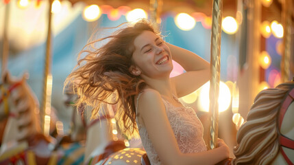 A gleeful woman riding a vintage carousel horse at a fair, her hair flying back as she smiles. Shallow depth of field, blurred background