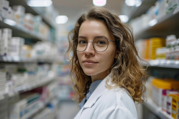 Closeup Portrait of a female pharmacist in a modern pharmacy, standing by the medication shelves and making eye contact with the camera, 