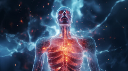 a conceptual image of experiencing heartburn, characterized by discomfort or burning sensation in the chest. The photo illustrates the symptoms of acid reflux and digestive issues.
