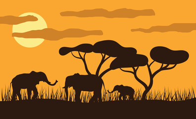 Fototapeta na wymiar Elephants in Savannah Sunset Flat. Nature and exotic wildlife concept vector
