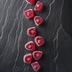 Sparkling Raspberry Hearts on Monochrome Marble Texture