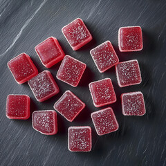 Sugar-Dusted Raspberry Gummy Cubes on Slate Surface