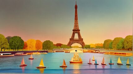 paris city landscape of river seine and Eiffel tower in the background, sailboat on seine - obrazy, fototapety, plakaty
