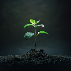 A solitary seedling rises from the soil, a powerful representation of life and resilience against a soft, dark backdrop