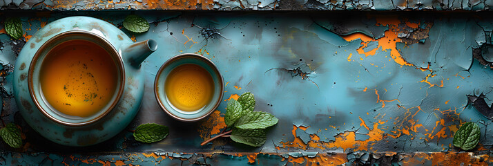 Turquoise Teapot on Dirty Stone Floor with Scattered Mint and Teal Leaves - obrazy, fototapety, plakaty