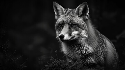 A black and white photography of a fox in the wild