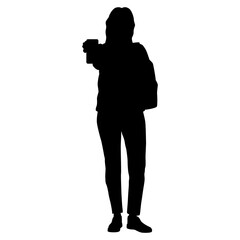Silhouette of female student pointing at phone dressed in a loose sweater and jeans. Young woman with backpack showing her phone. Vector illustration isolated on white