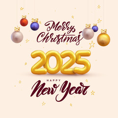 2025 Festive Christmas stars and Christmas decorations on white background. Happy new year 2025. Vector for poster, banner, greeting and new year 2025 celebration. Design template logo text.