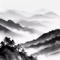 Misty mountains with gentle slopes and at sunrise. Exquisite traditional oriental ink paintings of sumi-e, u-sin, go-huan