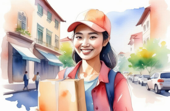 asian delivery girl smiling, holding package and walking at city street, watercolor illustration.