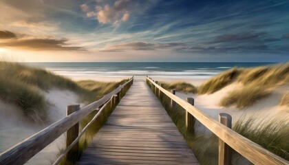 wooden way to the romantic beach at the sea with dunes and waves. AI Generative images - Powered by Adobe