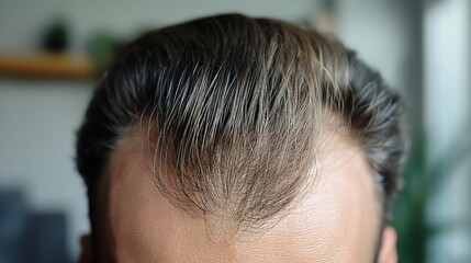 Middle aged man showing receding hairline on his head, androgenetic alopecia concept, baldness, medical problem close up