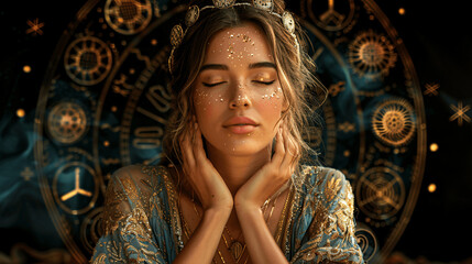 portrait about a woman seer with zodiac signs, Generative AI.