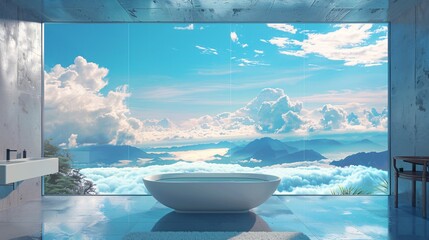 Bathtub in modern bathroom with view of the sea and mountains. 3d rendering.