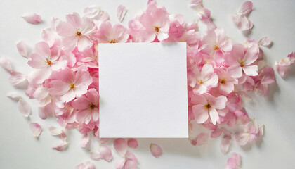 Blank white paper surrounded by scattered pink petals on a white surface.