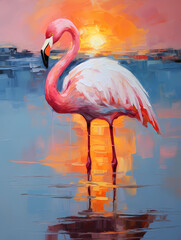 Landscape with a pink flamingo at sunset. Oil painting in impressionism style. Vertical composition.