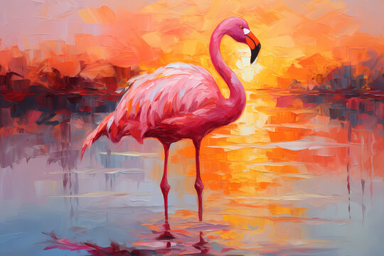 Landscape with a pink flamingo at sunset. Oil painting in impressionism style. Horizontal composition.