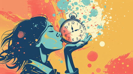 Illustration featuring a woman holding a   clock, symbolizing the concept of time management,   responsibilities, and the passage of time., Generative AI. - obrazy, fototapety, plakaty