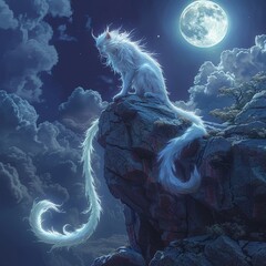 An ethereal kitsunelynx creature perched on a rocky ledge under the full moon, its tails glowing with an unearthly light , high resolution DSLR - obrazy, fototapety, plakaty