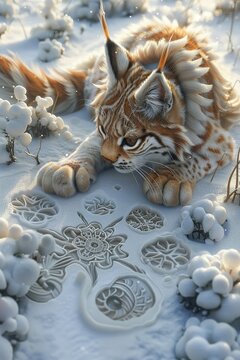 A whimsical depiction of a kitsunelynx playing in a snowy landscape, its multiple fluffy tails creating patterns in the snow , hyper realistic