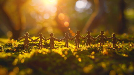 A group of people holding hands in the shape of an chain on green moss, golden sunset bokeh background, miniature figures - obrazy, fototapety, plakaty