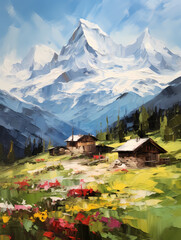 Spring Alpine landscape. Mountains, valley, houses. Vertical composition.
