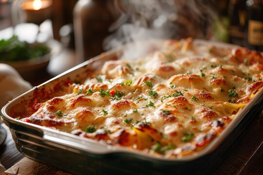 Cozy kitchen scene with a large dish of garlic bread lasagna coming out of the oven, steam rising, ready for a winter dinner , stock photographic style