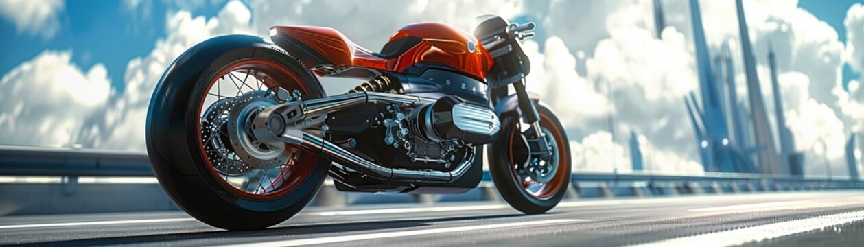Digital art depicting a motorcycle with adaptive suspension that automatically adjusts to road conditions, enhancing rider comfort and safety , 3DCG