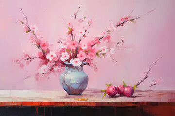 Still life in pink tones. Flowers, fruit, vase. Oil painting in impressionism style. Horizontal composition. - obrazy, fototapety, plakaty