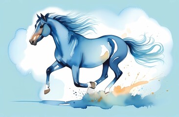 Naklejka na ściany i meble Horse drawn in watercolor on blue background. Beautiful postcard.