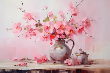 Still life in pink tones. Flowers, jug, ware. Oil painting in impressionism style. Horizontal composition. - obrazy, fototapety, plakaty