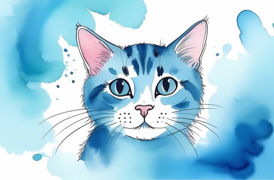 A cat painted in watercolor on a blue background. Beautiful postcard.