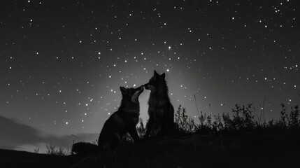 A black and white photography of a fox in the wild