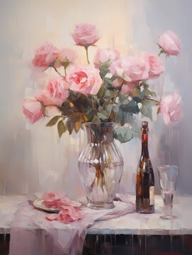 Still life in pink tones. Flowers, vase, bottle, plate. Oil painting in impressionism style. Vertical composition.
