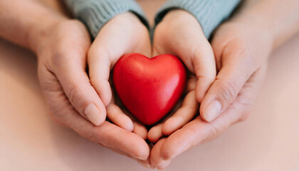 Father and son’s hands cradle a glossy red heart against a soft pastel backdrop, symbolizing familial love.