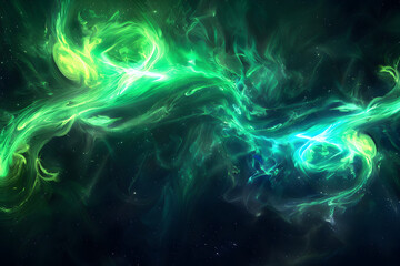 Electric neon galaxy with swirling green and blue hues. Enchanting abstract art on black background.